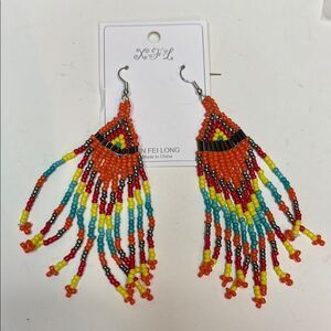 Orange and Yellow Beaded Dangle Fringe Earrings